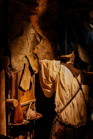 Prague, Czech Republic, 2 October 2022: Museum of Alchemists and Magicians, flasks, retorts chemical glassware, Mystic manuscripts, Edward Kelley English Renaissance occultist and scryer in laboratoryのeditorial素材