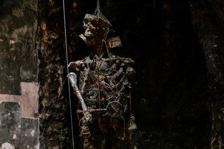 Prague, Czech Republic, 2 October 2022: Museum of Alchemists and Magicians, flasks, retorts and other chemical glassware and equipment for experiments in laboratory, Mystic manuscripts and skeletonのeditorial素材