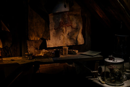 Prague, Czech Republic, 2 October 2022: Museum of Alchemists and Magicians, flasks, retorts and other chemical glassware and equipment for experiments in laboratory, Mystic manuscripts and herbsのeditorial素材