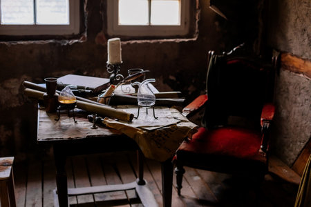 Prague, Czech Republic, 2 October 2022: Museum of Alchemists and Magicians, flasks, retorts and other chemical glassware and equipment for experiments in laboratory, Mystic manuscripts and herbsのeditorial素材