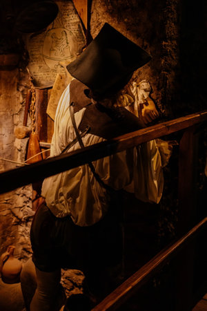 Prague, Czech Republic, 2 October 2022: Museum of Alchemists and Magicians, flasks, retorts chemical glassware, Mystic manuscripts, Edward Kelley English Renaissance occultist and scryer in laboratoryのeditorial素材