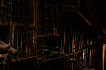 Prague, Czech Republic, 2 October 2022: Museum of Alchemists and Magicians, flasks, retorts chemical glassware, Mystic manuscripts in old library, antique bookcase in laboratoryのeditorial素材