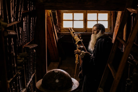 Prague, Czech Republic, 2 October 2022: Museum of Alchemists and Magicians, flasks, retorts chemical glassware, Mystic manuscripts, John Dee astronomer, astrologer in old library, antique bookcaseのeditorial素材