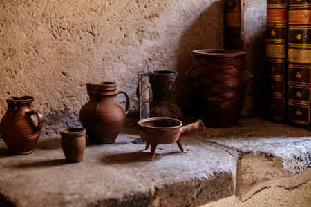 Krivoklat, Czech Republic, 21 August 2022: fortified medieval royal gothic castle, National cultural landmark, museum interior with ancient pottery, clay ceramics with patternsのeditorial素材