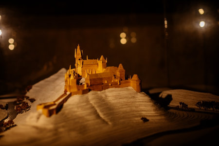 Krivoklat, Czech Republic, 21 August 2022: fortified medieval royal gothic castle, National cultural landmark, museum interior with wooden model of fortress on hill, towers and courtyardのeditorial素材