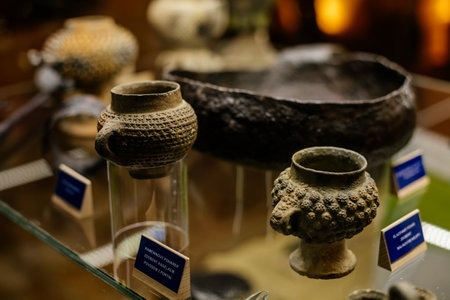 Krivoklat, Czech Republic, 21 August 2022: fortified medieval royal gothic castle, National cultural landmark, museum interior with ancient pottery, clay ceramics with patternsのeditorial素材