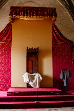 Krivoklat, Czech Republic, 21 August 2022: fortified medieval royal gothic castle, National cultural landmark, interior of dining room with renaissance wooden chairs and large tableのeditorial素材