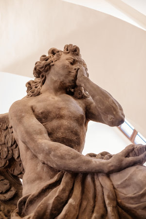 Kuks, Czech Republic, 8 October 2022: Baroque castle, historic interior of old museum, sandstone stone sculptures depicting angels, sins and human virtuesのeditorial素材