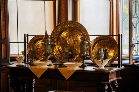 Hradek u nechanic, Czech Republic, 8 October 2022: Castle or chateau interior with wooden carved furniture, dining room with gilded ceremonial dishes, metal utensils on the table next to windowのeditorial素材