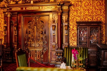Hradek u nechanic, Czech Republic, 8 October 2022: Castle or chateau interior with wooden carved...