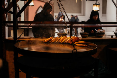 Dresden, Saxony, Germany, 10 December 2022: Christmas medieval outdoor market stall decorations with fairy with lights, bread cakes are fried in pan, Stallhof next to palace residence, sell foodのeditorial素材