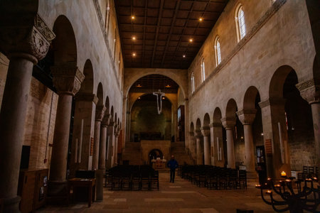 Quedlinburg, Saxony-Anhalt, Germany, 29 October 2022: Stiftskirche St. Servatius church, old Abbey masterpieces of Romanesque architecture, three-nave basilica, columns, symbols of animals and plantsのeditorial素材
