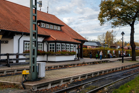 Wernigerode, Germany, 29 October 2022: Steam engine train in Harz Mountains Region, Old retro vintage railway station for steam locomotive at sunny day, Brocken Lineのeditorial素材
