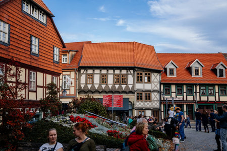 Wernigerode, Saxony-Anhalt, Germany, 29 October 2022: Historic old vintage colored timber frame houses in medieval town, UNESCO World Heritage city, half-timbered home at sunny autumn day, cobblestoneのeditorial素材