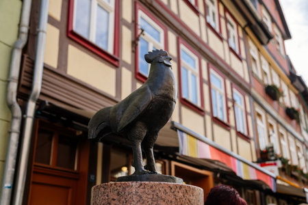 Wernigerode, Saxony-Anhalt, Germany, 29 October 2022: Statue of a hen or rooster, Historic old vintage colored timber frame houses in medieval town, UNESCO World Heritage cityのeditorial素材
