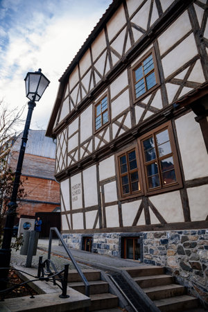 Wernigerode, Saxony-Anhalt, Germany, 29 October 2022: Museum Schiefes or crooked Haus, Historic old vintage colored timber frame houses in medieval town, half-timbered home at sunny autumn dayのeditorial素材