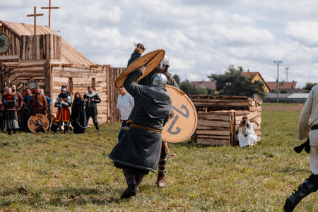 Privory Vsetaty, Czech Republic, 2 September 2023: Reconstruction of medieval battle, Historical festival, Fighting with Swords, Warrior at battlefield, Armored Knights, Dark Ages Army, Troopsのeditorial素材