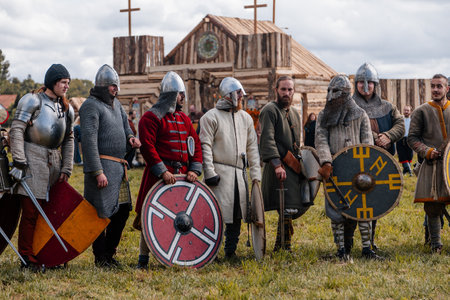Privory Vsetaty, Czech Republic, 2 September 2023: Reconstruction of medieval battle, Historical festival, Swords Fighting, Armored Knights, Dark Ages Army formation, Troops Vikings in chain mailのeditorial素材