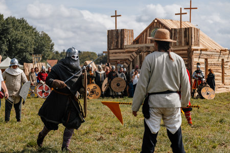 Privory Vsetaty, Czech Republic, 2 September 2023: Reconstruction of medieval battle, Historical festival, Fighting with Swords, Warrior at battlefield, Armored Knights, Dark Ages Army, Troopsのeditorial素材
