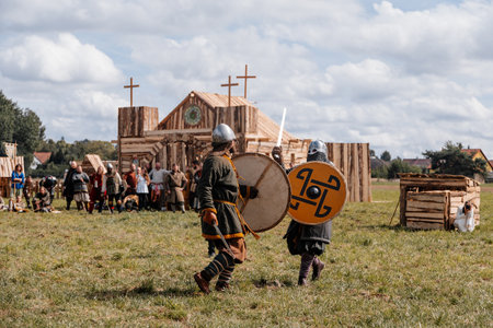 Privory Vsetaty, Czech Republic, 2 September 2023: Reconstruction of medieval battle, Historical festival, Fighting with Swords, Warrior at battlefield, Armored Knights, Dark Ages Army, Troopsのeditorial素材