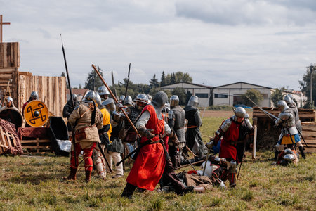 Privory Vsetaty, Czech Republic, 2 September 2023: Reconstruction of medieval battle, Historical festival, Fighting with Swords, Warrior at battlefield, Armored Knights, Dark Ages Army, Troopsのeditorial素材