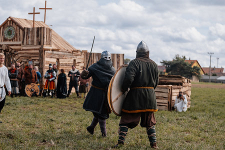 Privory Vsetaty, Czech Republic, 2 September 2023: Reconstruction of medieval battle, Historical festival, Fighting with Swords, Warrior at battlefield, Armored Knights, Dark Ages Army, Troopsのeditorial素材