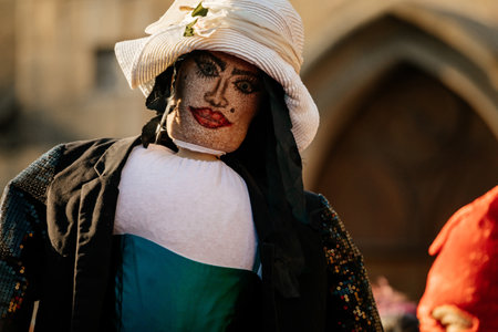 Prague, Czech Republic, 30 April 2023: Carodejnice festival or Walpurgis night, witch effigy is being carried to bonfire it will be burnt, spring welcoming ritual, Costumed men and women in streetsのeditorial素材