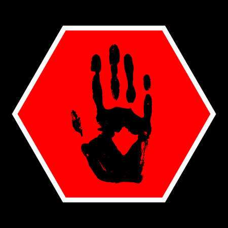 black imprint of palm on red octagon, sign stop, vectorのイラスト素材