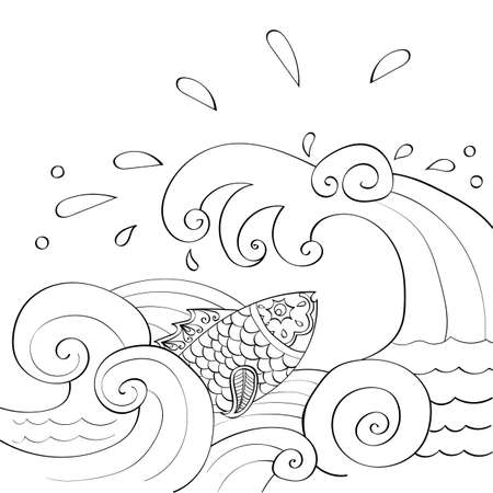 Fish in the sea waves. Fish in mehndi style, indian pattern. Hand-drawn, vector.  Page of coloring book.のイラスト素材