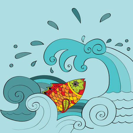 Fish in the sea waves. Fish in mehndi style, indian pattern. Hand-drawn, vector.のイラスト素材