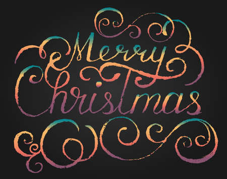 Merry Christmas. Handwritten vector text in colorful gradient on blackboard.のイラスト素材