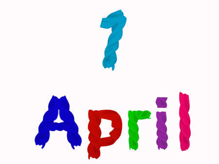 The inscription April 1 from bright colored pasta on a white background. Isolateの写真素材