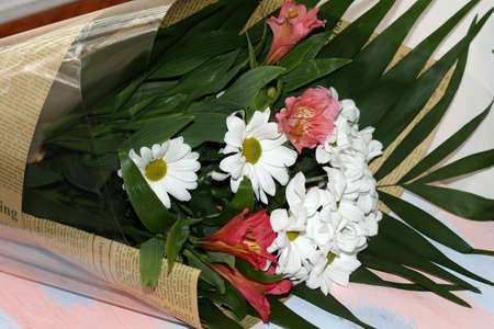 A bouquet of white chrysanthemums for gift. Wholesale or retail flower shop. Factory warehouse. Floristic Agency. Growing and growing flowersの写真素材