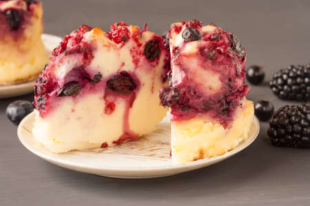 Delicious cottage cheese casserole with berries, cottage cheese pudding with berries.