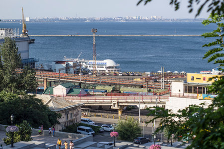 Ukraine, Odessa, summer 2021. Sea industrial commercial port. Container terminal. Cargo container...