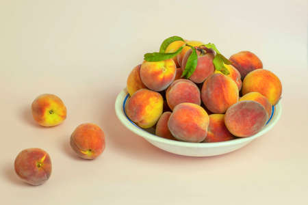 Plate with fresh peaches on pastel background.の写真素材