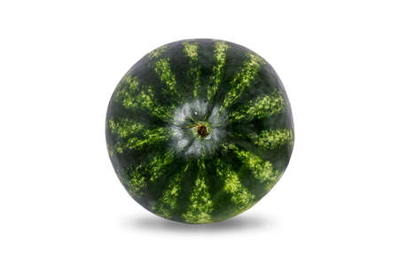 Close-up ripe round striped watermelon isolated on white background.