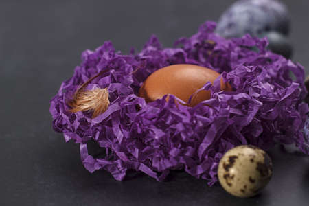 Easter card with a basket of Easter eggs in a purple nest.