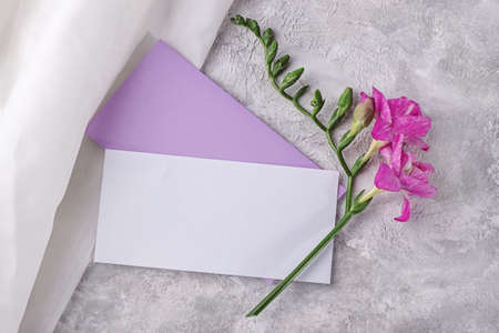 Invitation card mockup in veri pery envelope with freesia flower. Top view with copy space, light gray concrete background. Template for branding and advertisingの写真素材