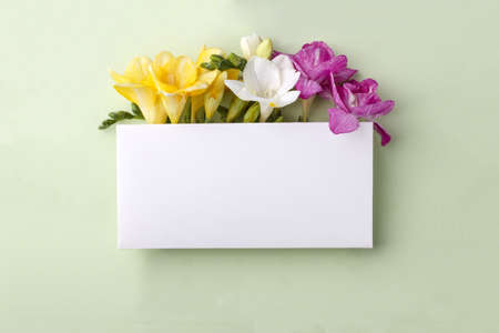 Mockup with blank rectangular sheet of paper and colorful freesia flowers with copy space. Template...