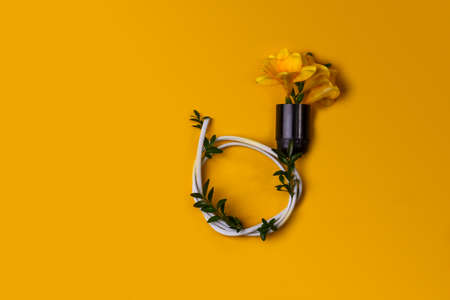Electric cartridge with electric wire with flowers and leaves on a yellow background with copy space. alternative energy concept.の写真素材