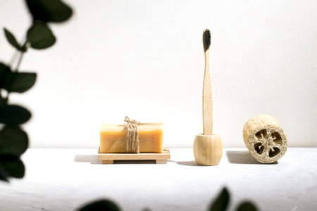 Bamboo toothbrush, soap and loofah on the table through the foliage.