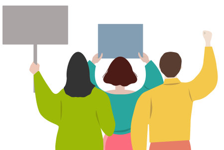 A young woman stands with a poster. view from the back. Flat design colorful illustration isolated on white background.のイラスト素材