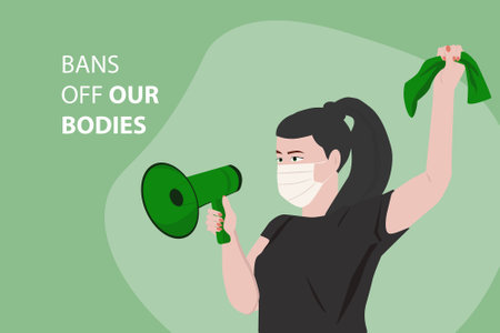 A young girl with a green bandana and a loudspeaker. protest symbol. The right to an abortion. vector illustration.のイラスト素材