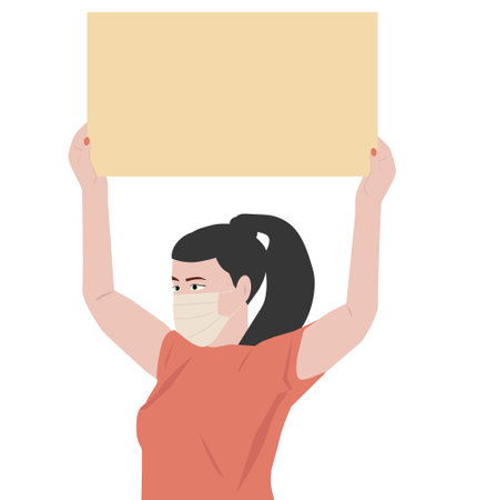 human rights. Feminist protest. Girl with a poster in a protective mask. Flat vector illustration, clip art.のイラスト素材