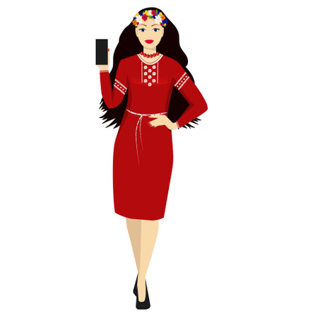 Beautiful young woman in traditional Ukrainian dress with a smartphone in her hand.のイラスト素材