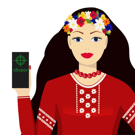Ukrainian woman with a smartphone in her hand in the Ukrainian application eVorog (there is an enemy).のイラスト素材