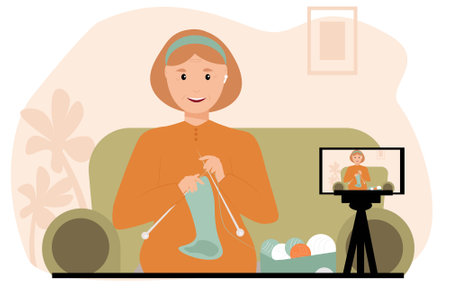 Grandmother leads a live video broadcast to a blog about knitting. Elderly woman streamer. The older generation uses modern technology.のイラスト素材
