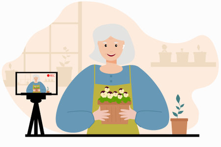Grandmother leads a live video broadcast to a blog about houseplants. Elderly woman streamer. The older generation uses modern technology.のイラスト素材