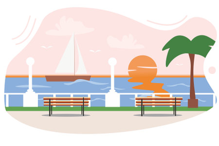 Modern embankment at sunset with palm trees and lanternsのイラスト素材